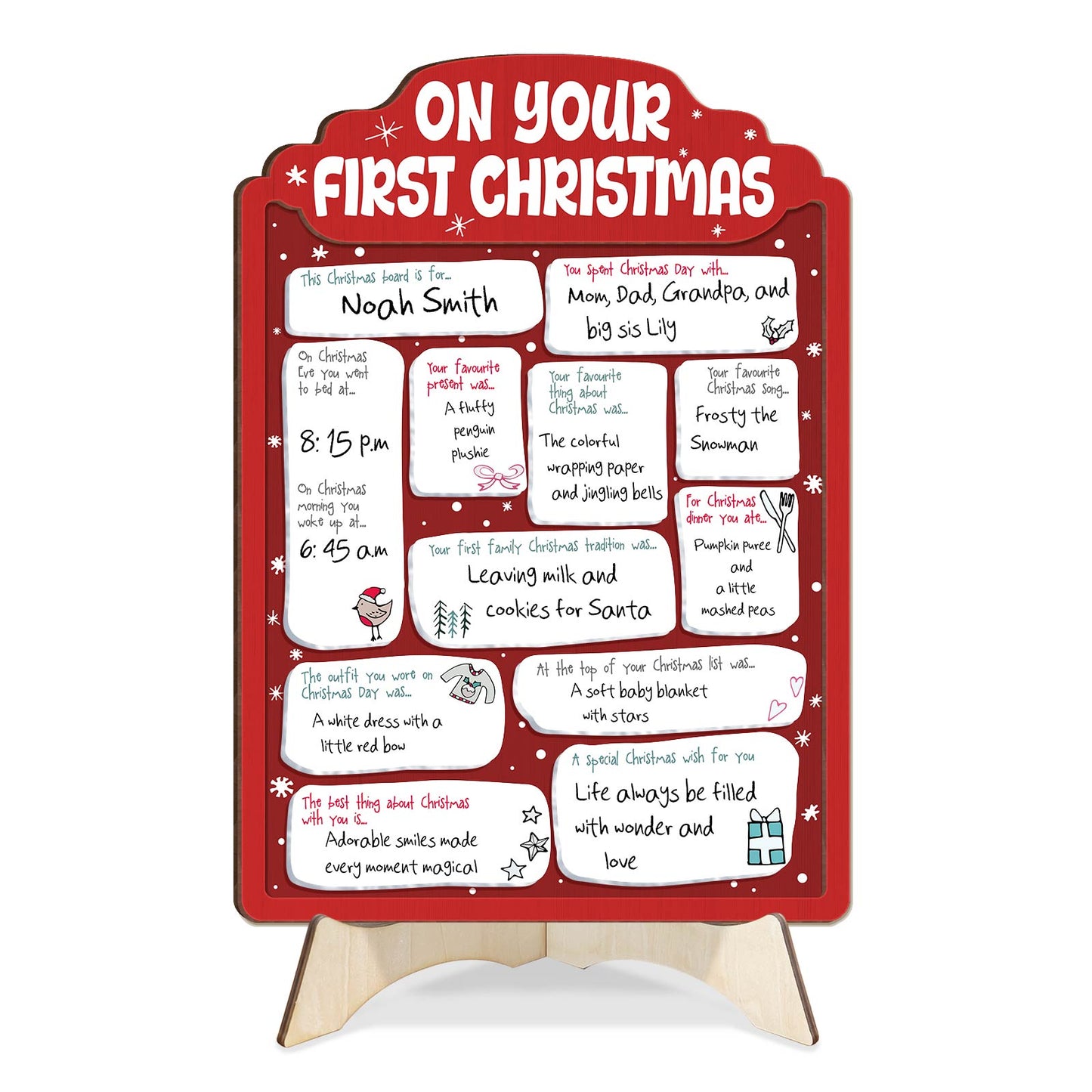 Personalized baby's first Christmas sign with handwritten details and festive red design