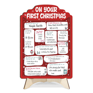Personalized baby's first Christmas sign with handwritten details and festive red design