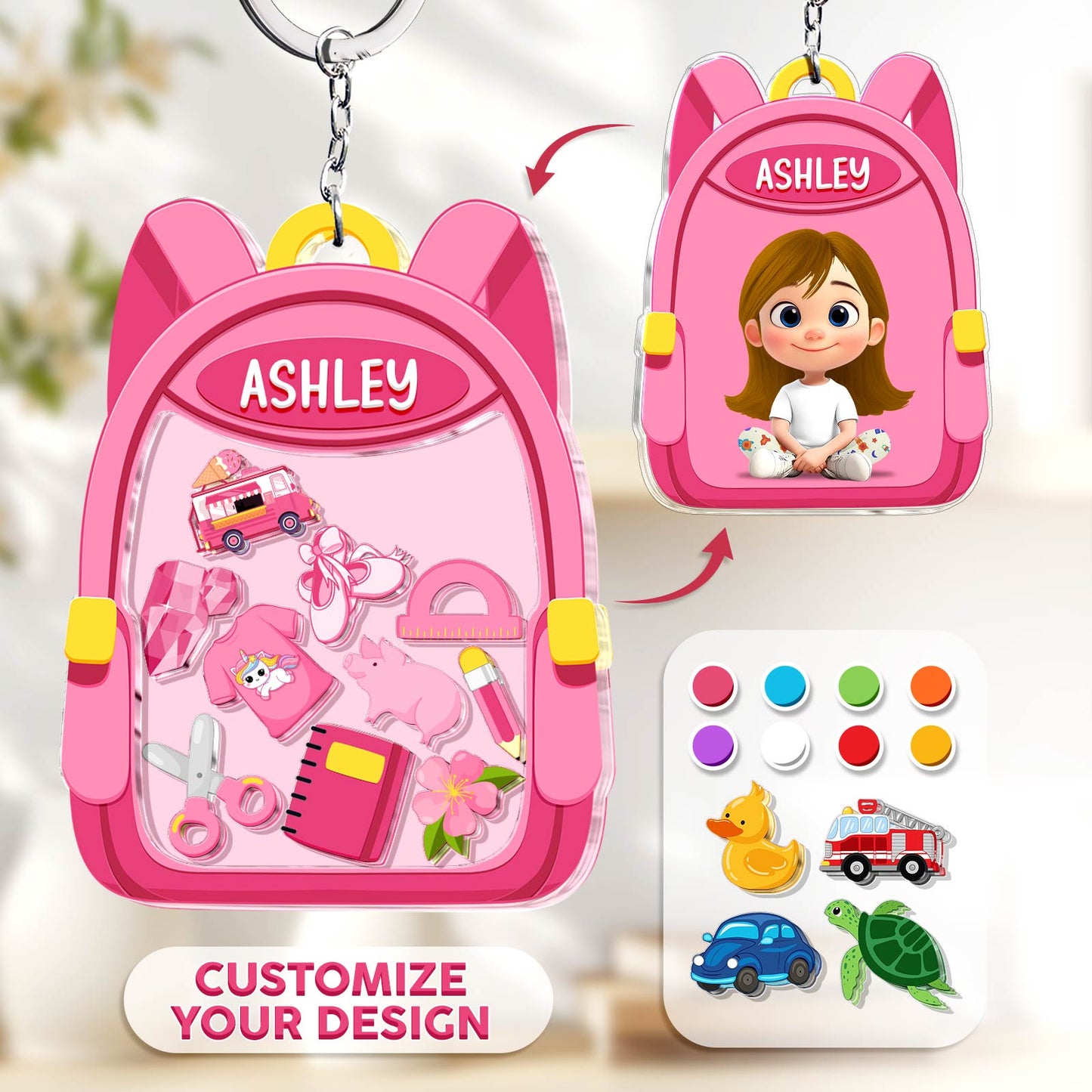 Personalized back to school keychain featuring a pink backpack design and customizable name