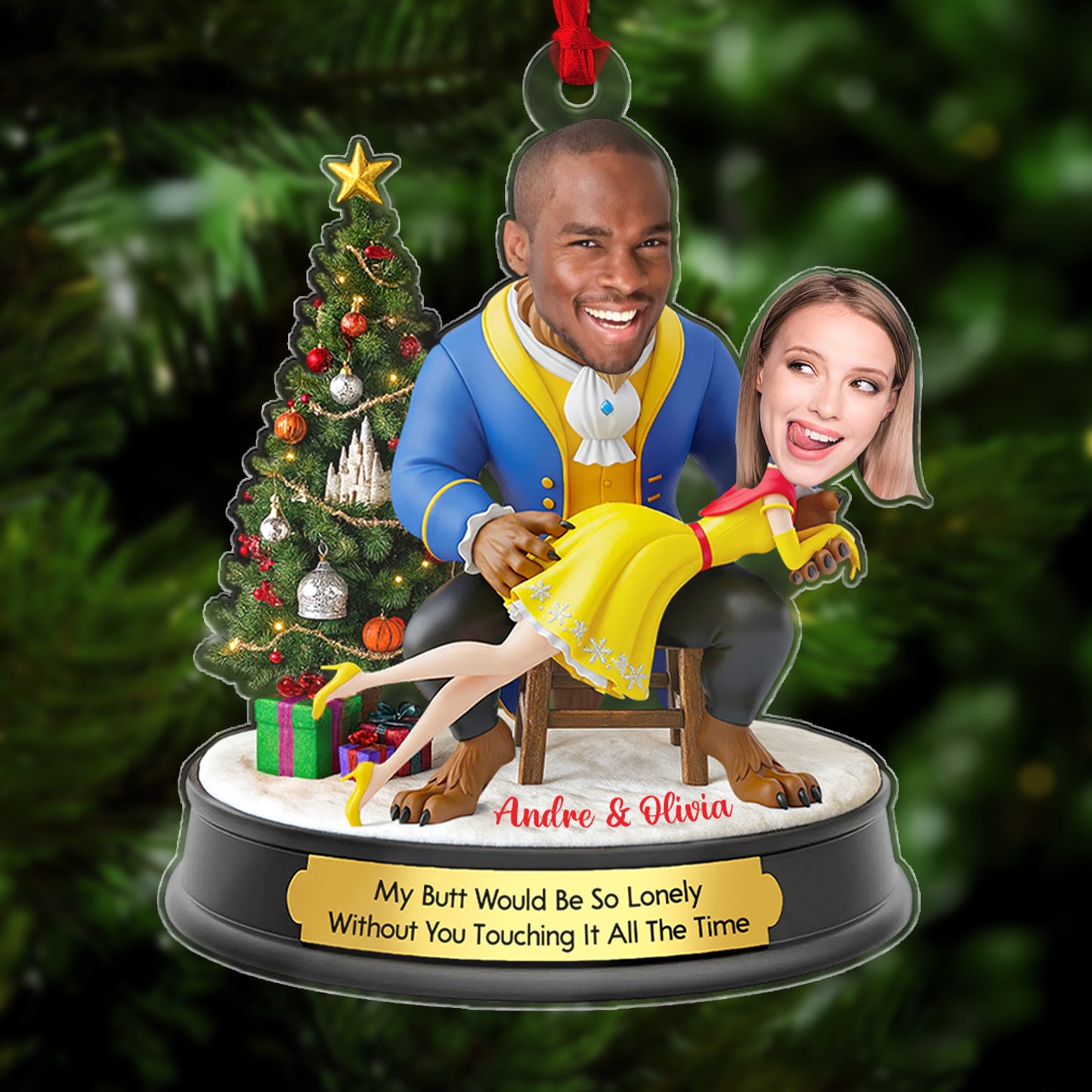 Personalized Belle and Beast Christmas ornament featuring whimsical couple design with festive tree