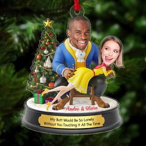 Personalized Belle and Beast Christmas ornament featuring whimsical couple design with festive tree