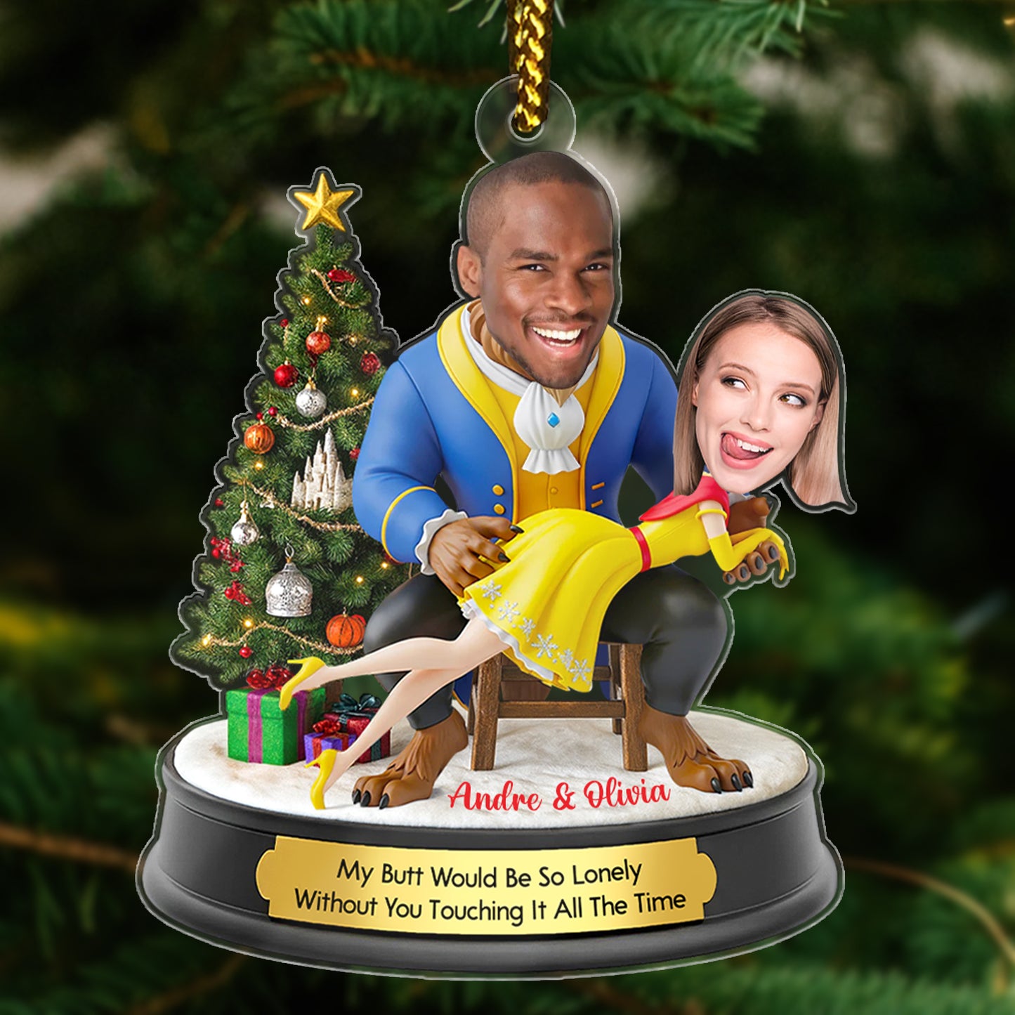 Personalized Belle and Beast Christmas ornament featuring customized characters and a decorated Christmas tree