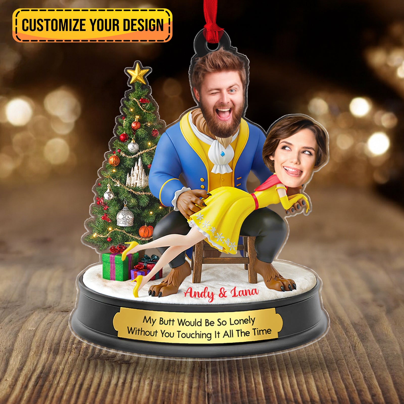 Personalized Belle and Beast Christmas ornament featuring custom design with playful expressions and festive details