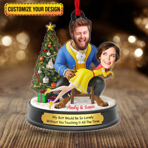 Personalized Belle and Beast Christmas ornament featuring custom design with playful expressions and festive details