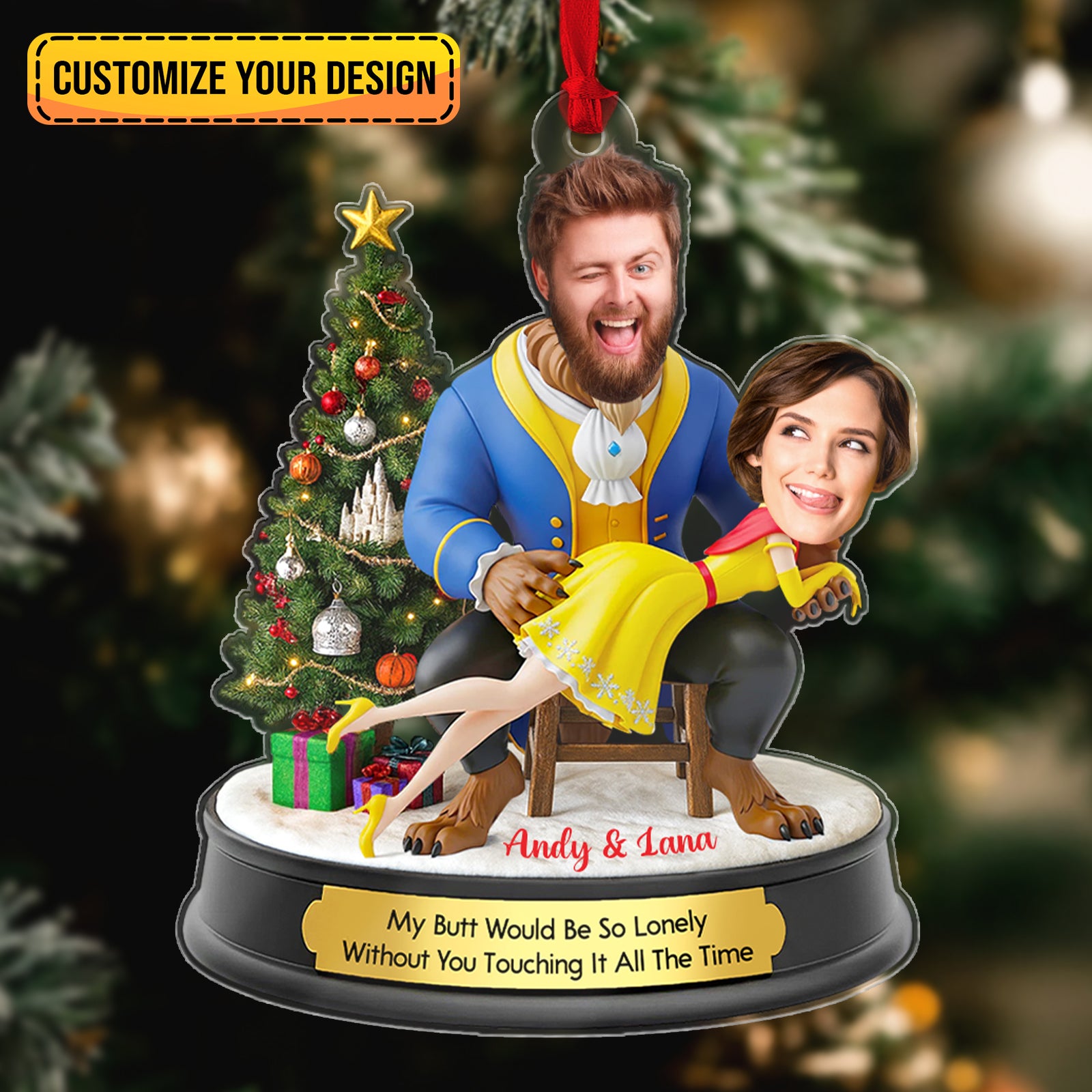 Personalized Belle and Beast Christmas ornament featuring custom photos and a festive design