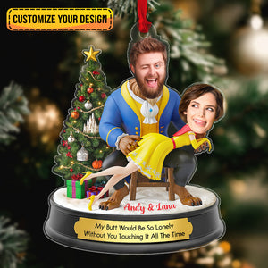 Personalized Belle and Beast Christmas ornament featuring custom photos and a festive design