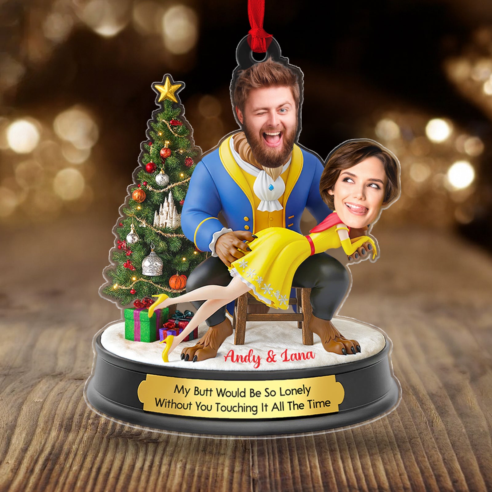 Personalized Belle and Beast Christmas ornament featuring a joyful couple with a festive tree