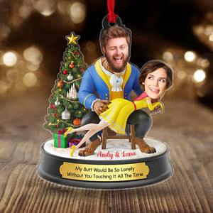 Personalized Belle and Beast Christmas ornament featuring a joyful couple with a festive tree