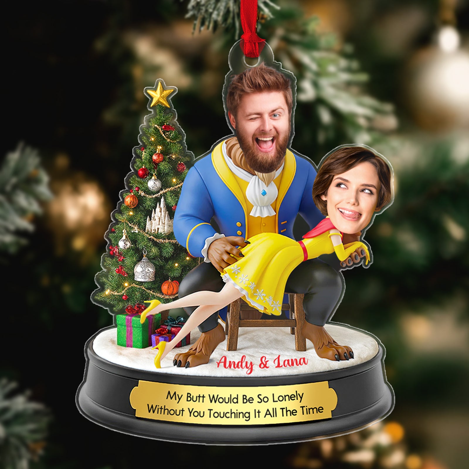 Personalized Belle and Beast Christmas ornament featuring playful couple design with festive decorations