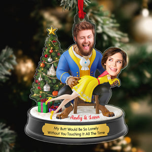 Personalized Belle and Beast Christmas ornament featuring playful couple design with festive decorations