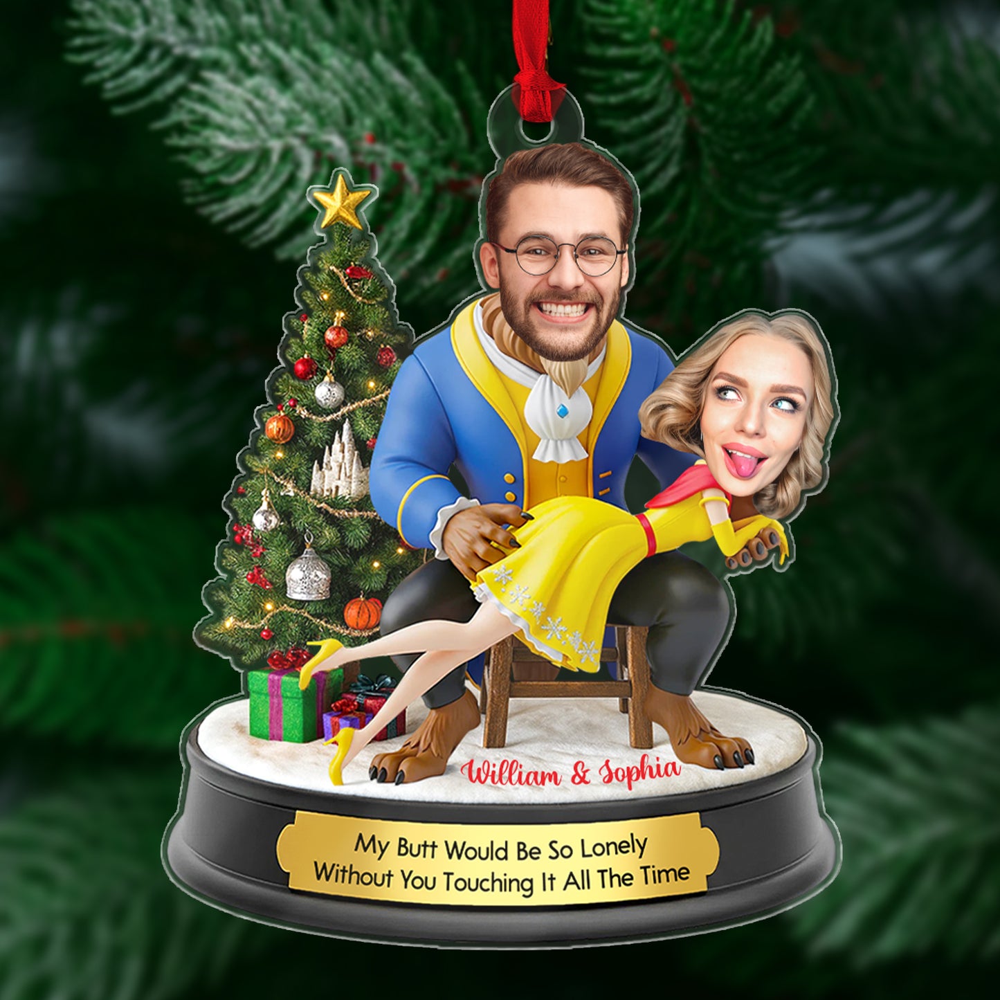 Personalized Belle and Beast Christmas ornament featuring custom faces and fun message for holiday decor