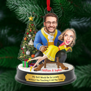Personalized Belle and Beast Christmas ornament featuring custom faces and fun message for holiday decor