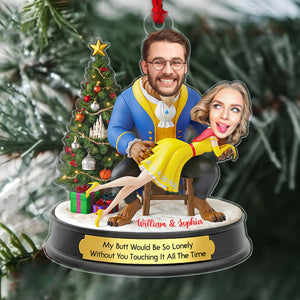 Personalized Belle and Beast Christmas ornament featuring custom couple design with playful text