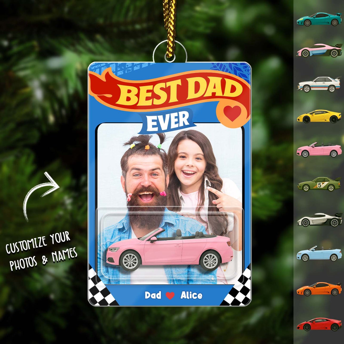 Personalized Best Dad Ever ornament featuring a fun design with customizable photos and names