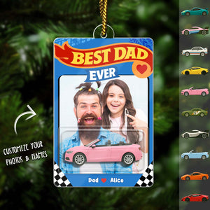 Personalized Best Dad Ever ornament featuring a fun design with customizable photos and names