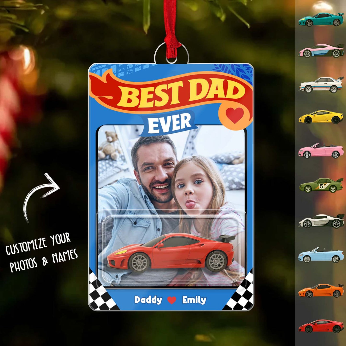 Personalized Best Dad Ever ornament featuring a photo frame and race car design for customization