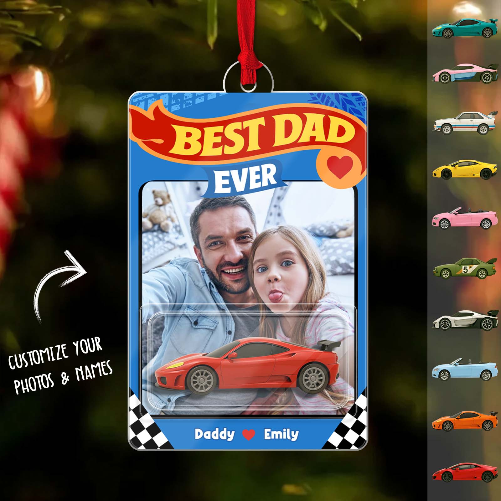 Personalized Best Dad Ever ornament featuring a photo frame and race car design for customization