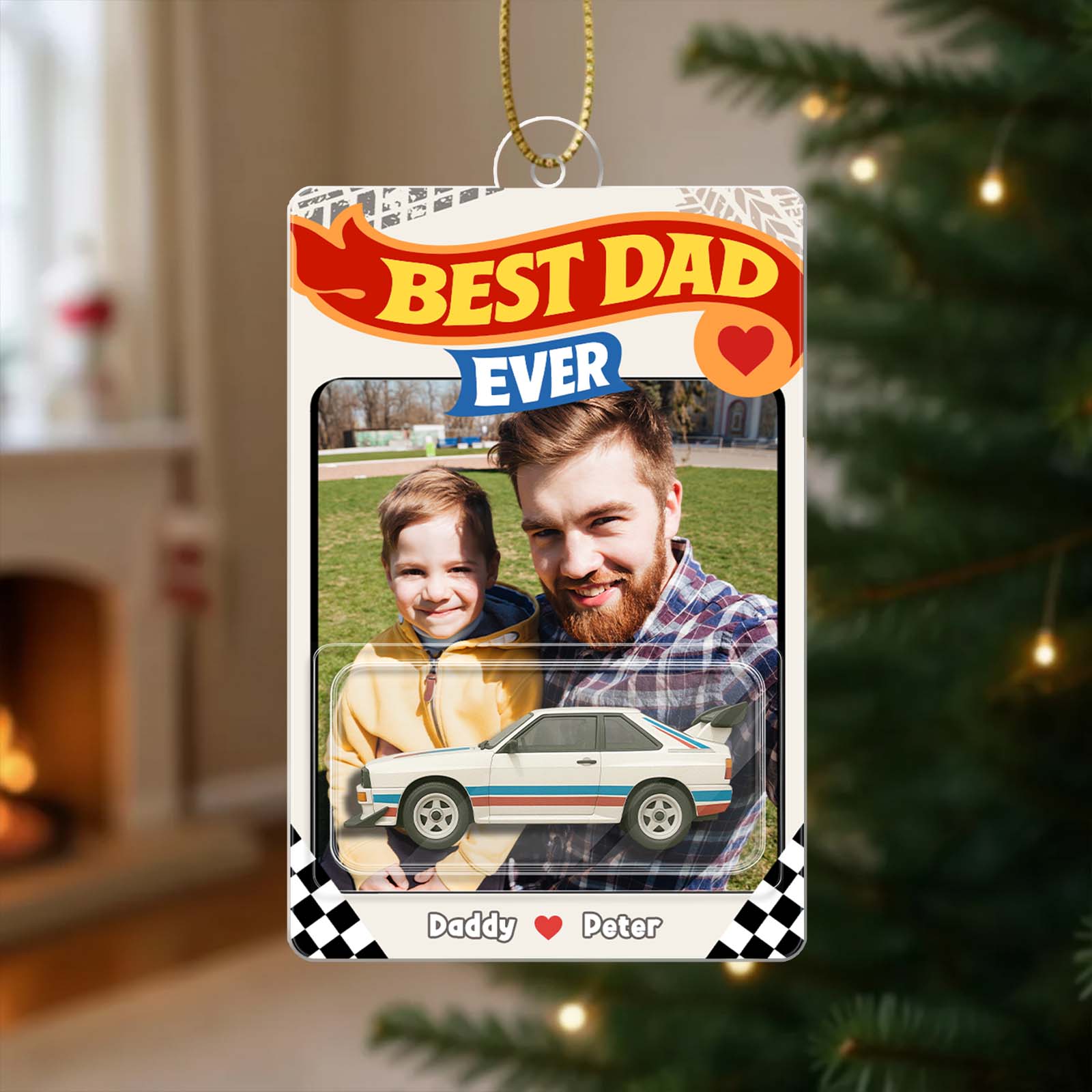 Personalized Best Dad Ever ornament featuring a photo of a father and son with a car design