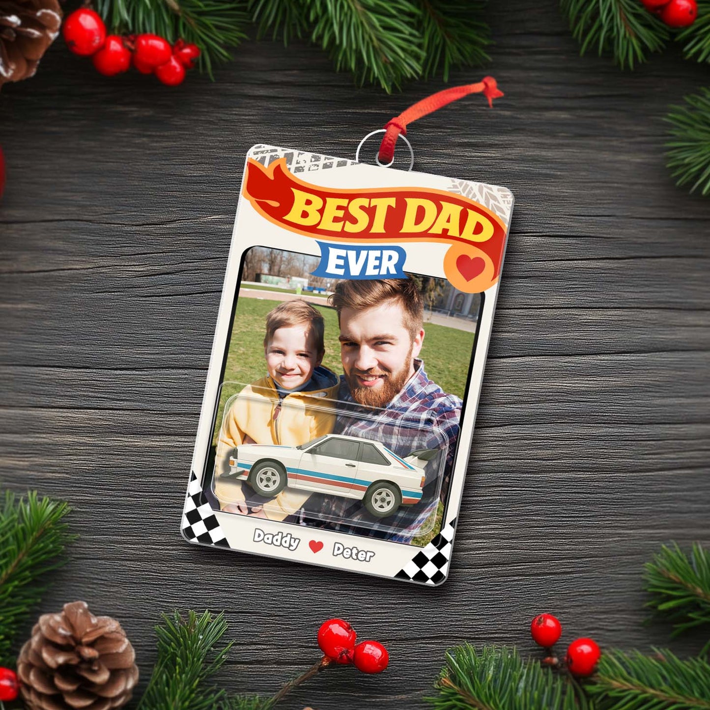 Personalized Best Dad Ever ornament with a photo of a father and child in a festive design