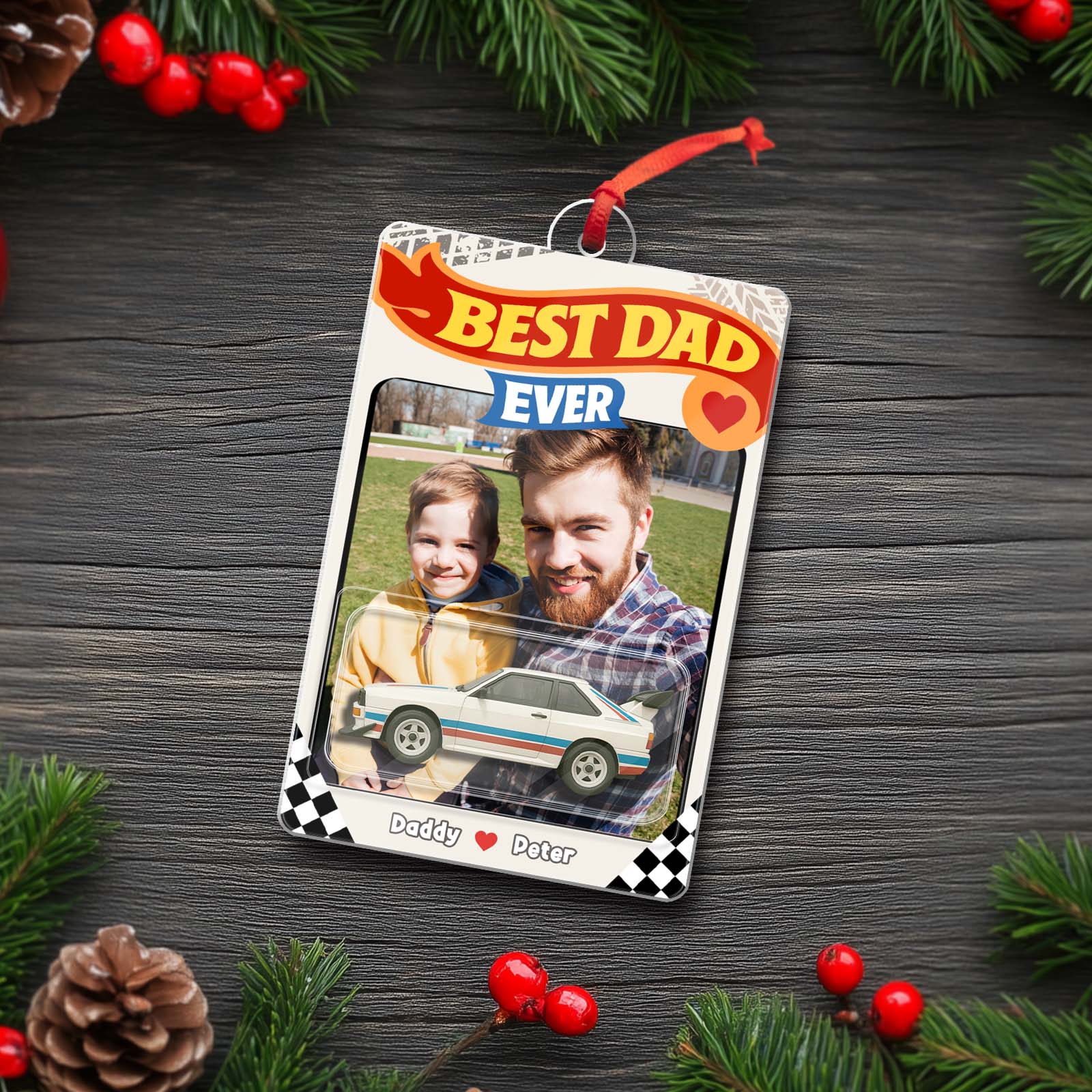 Personalized Best Dad Ever ornament with a photo of a father and child in a festive design