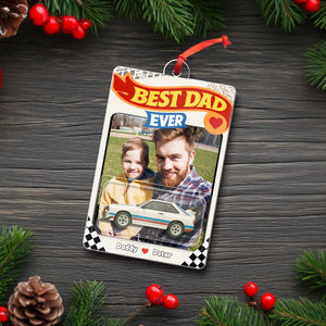 Personalized Best Dad Ever ornament with a photo of a father and child in a festive design