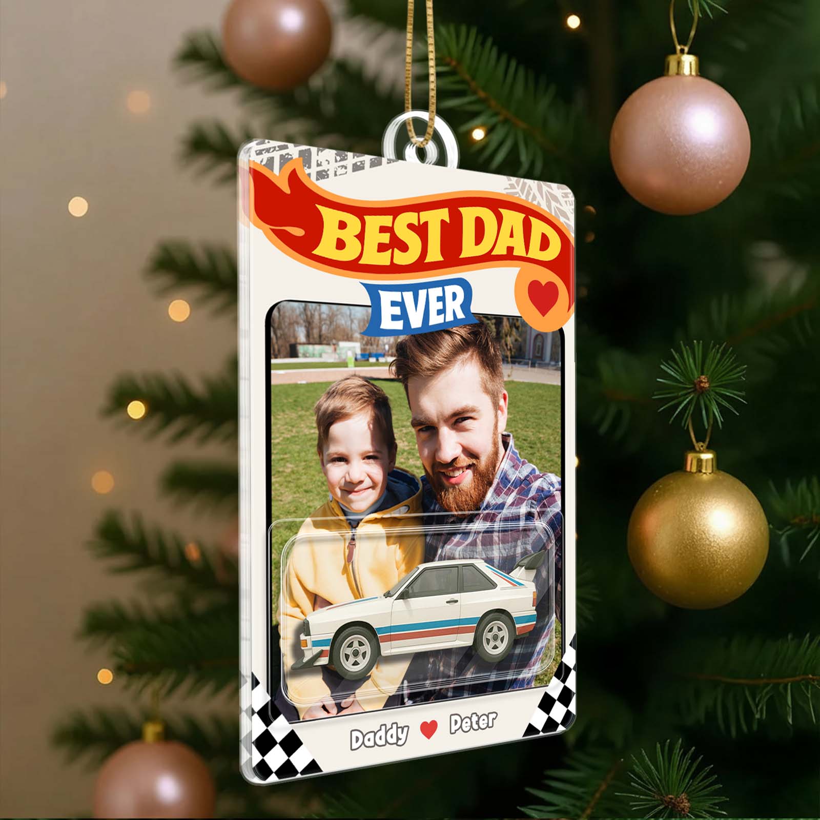 Personalized Best Dad Ever ornament featuring a photo of a father and son with a toy car