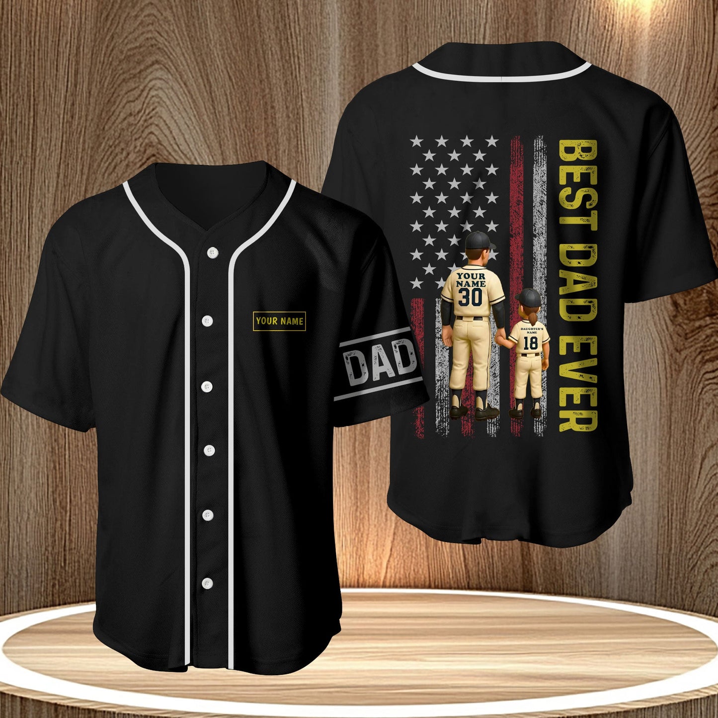 Personalized best dad ever shirt black baseball jersey with custom name and kids graphic