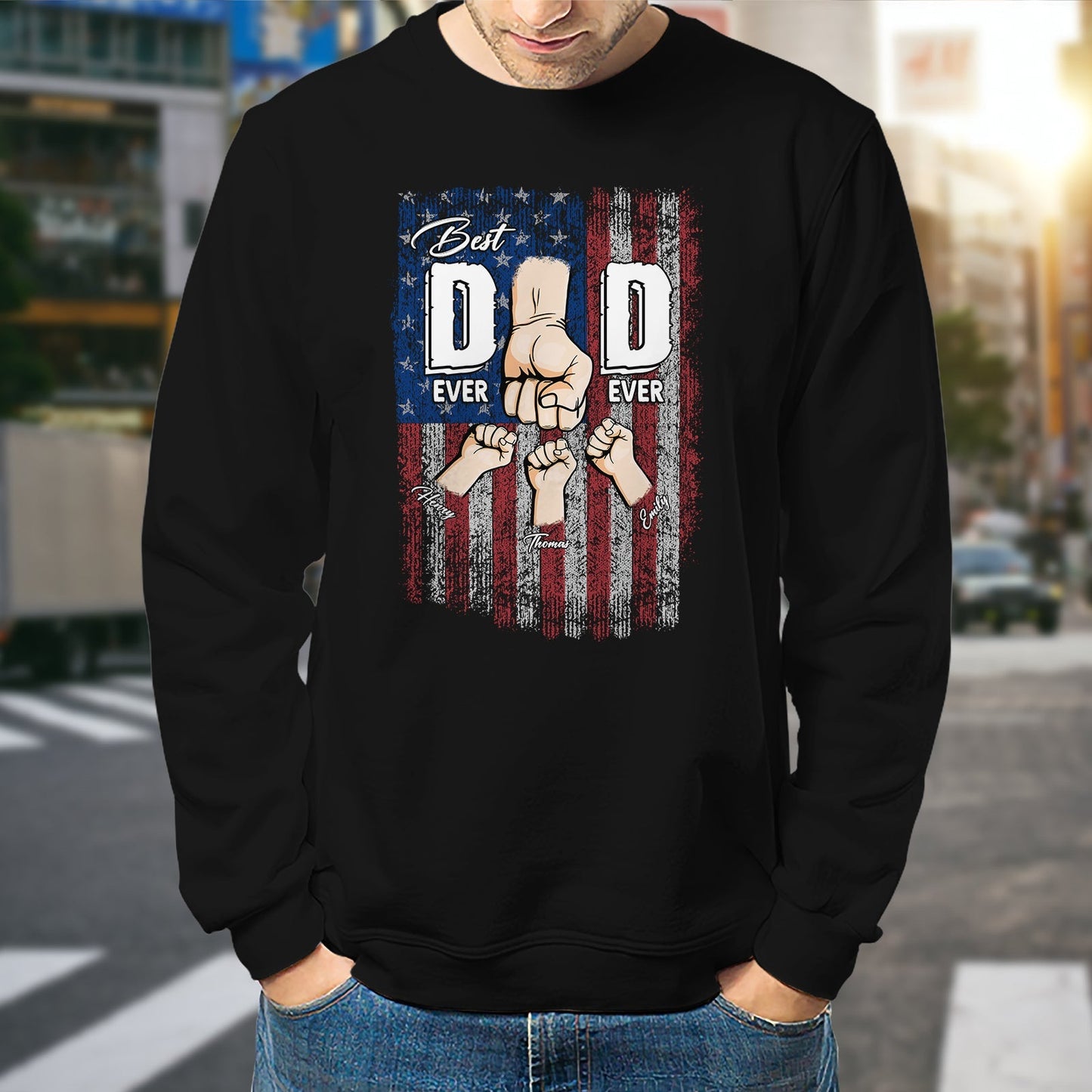 Black personalized best dad ever shirt with American flag and fists graphic design