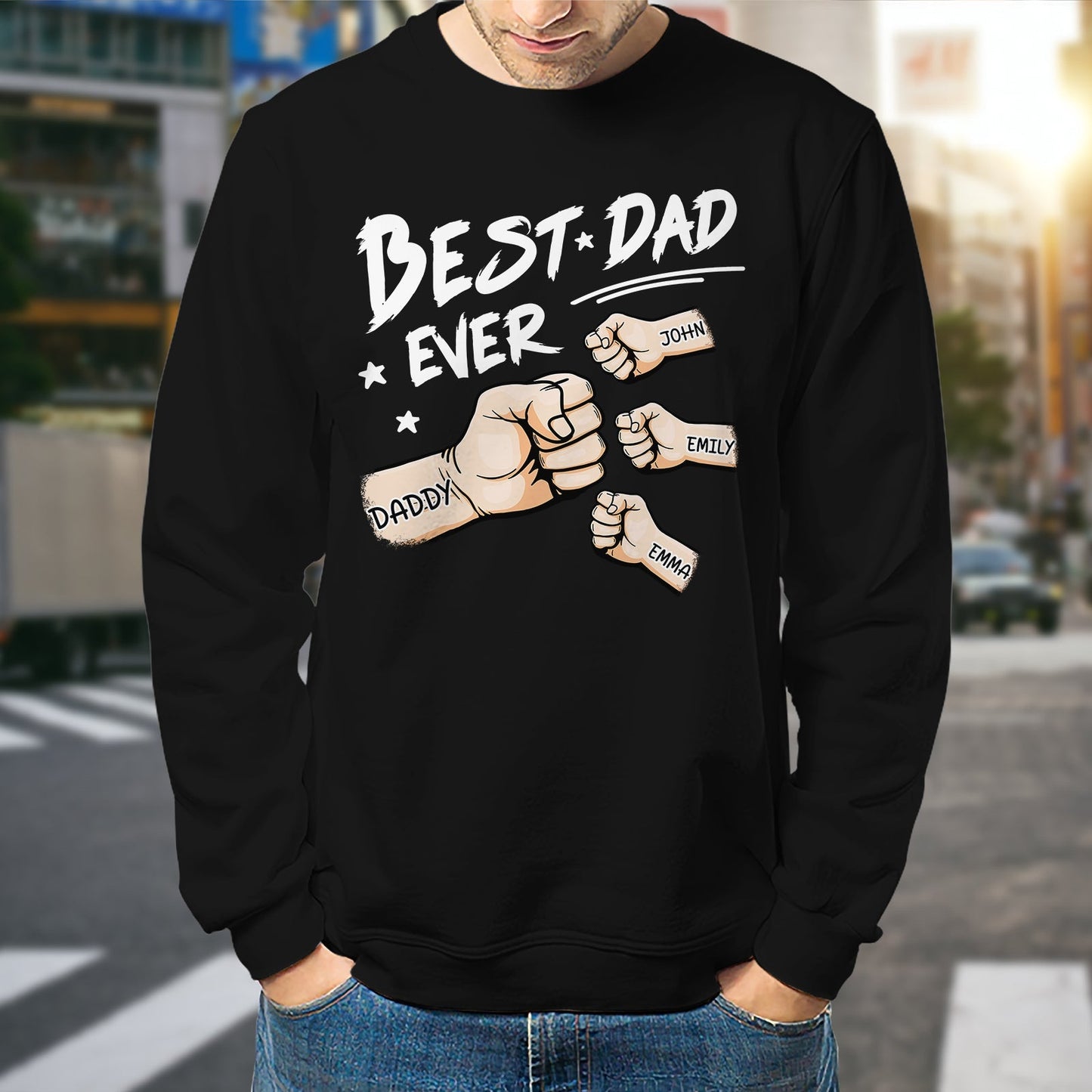 Black personalized best dad ever shirt with fist bump design and names John Emily Emma