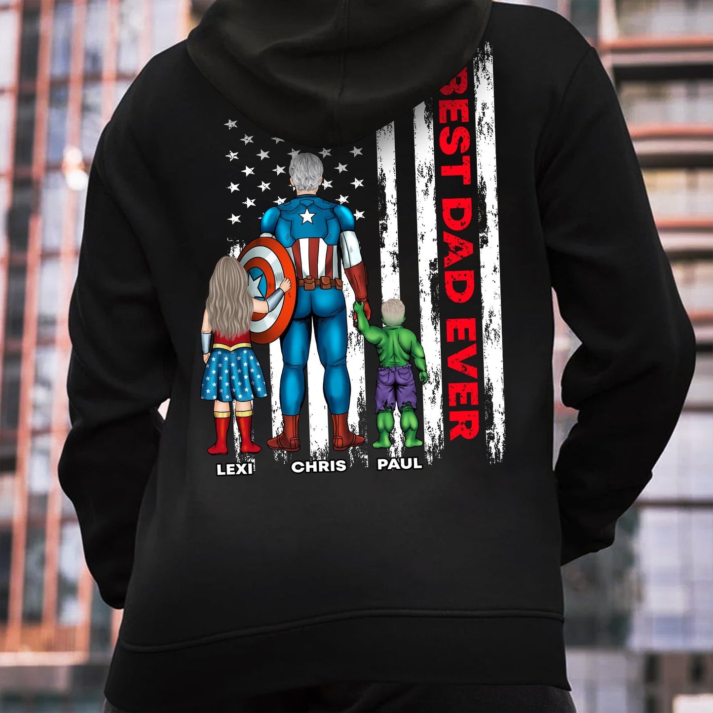 Black personalized Best Dad Ever shirt with superhero dad and two kids holding hands in front of American flag