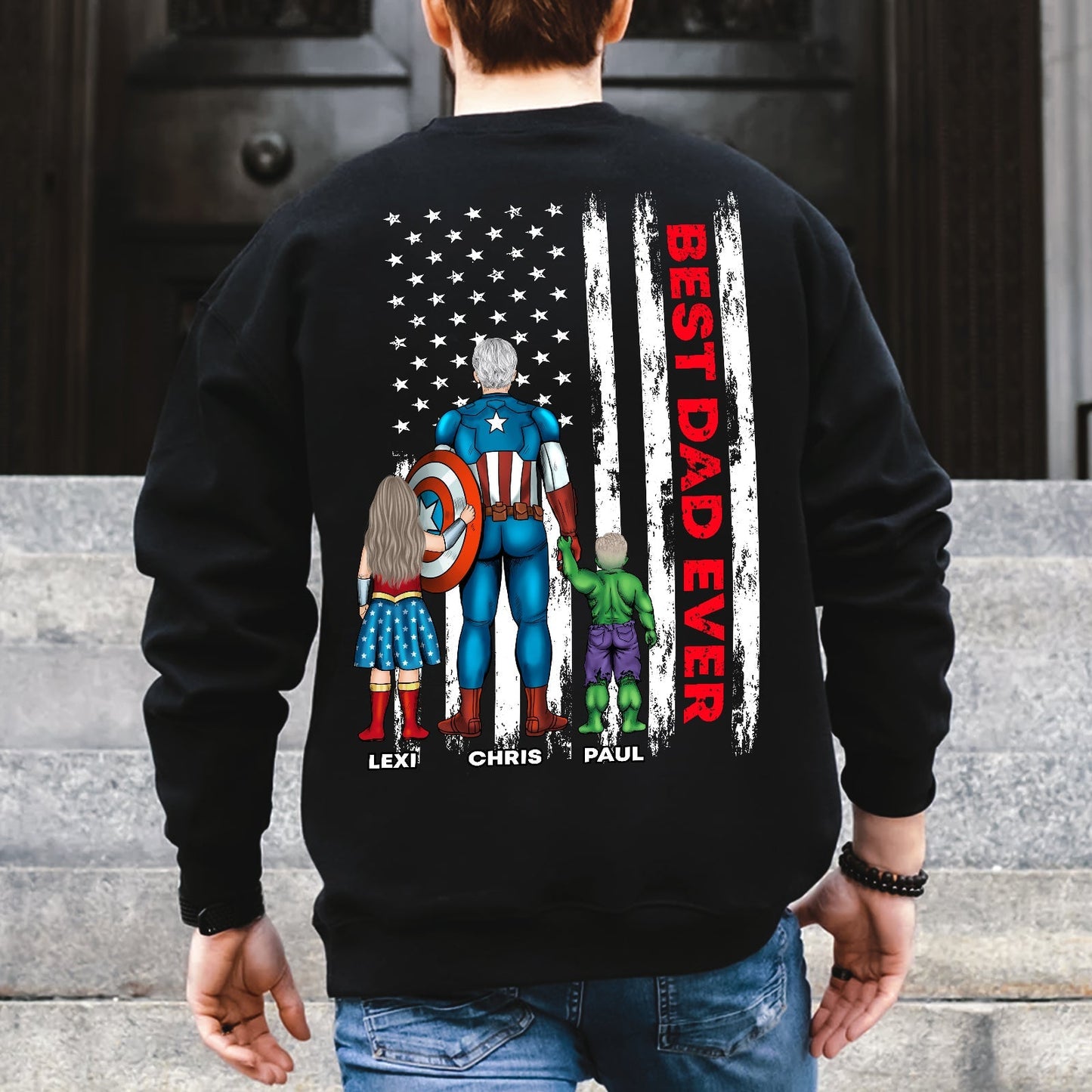 Black personalized Best Dad Ever shirt with Captain America theme and kids holding hands under American flag