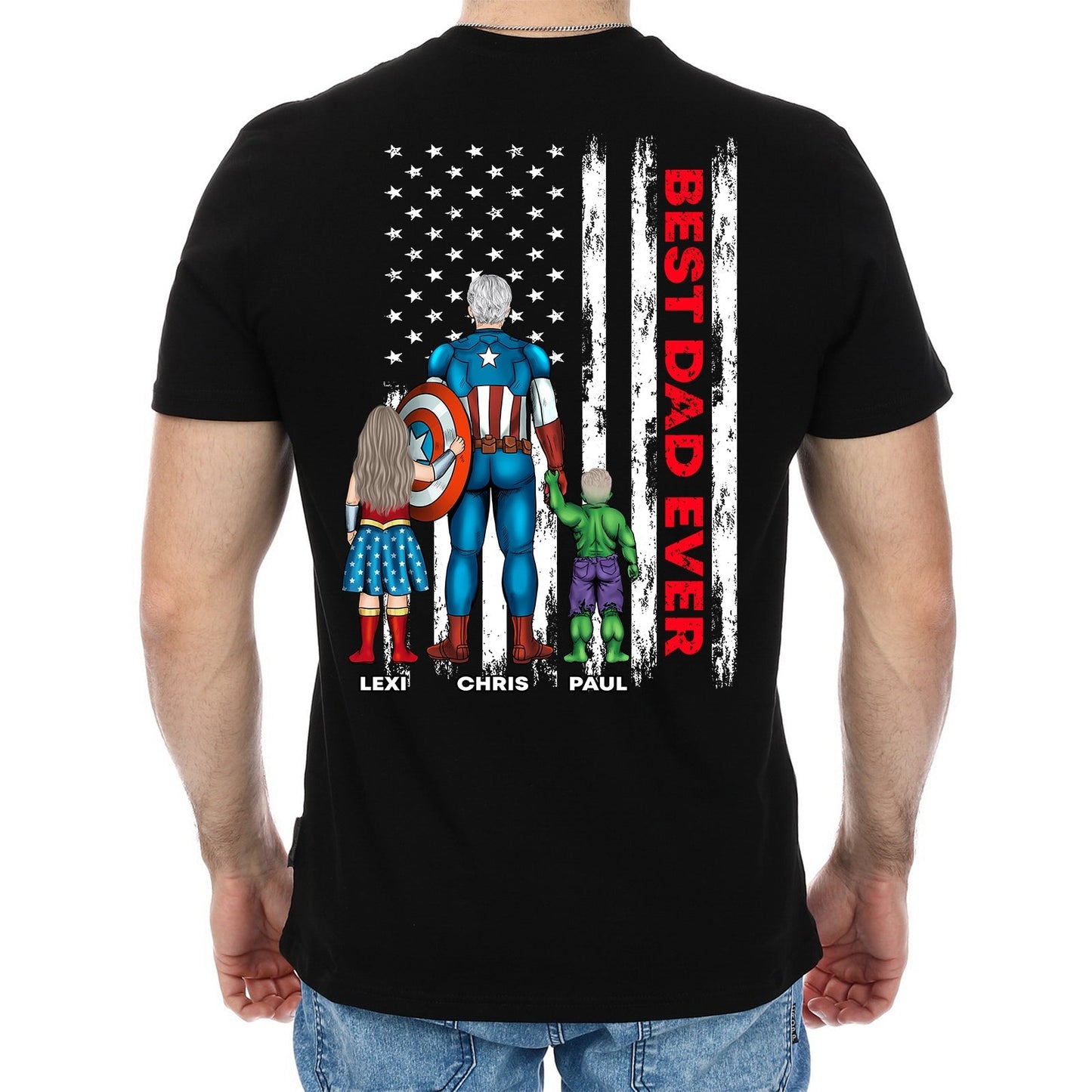 Black personalized Best Dad Ever shirt with Captain America and kids holding hands and American flag background
