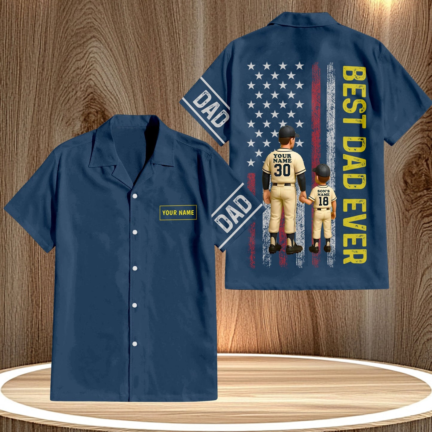 Personalized best dad ever shirt navy blue with baseball dad and child design and American flag
