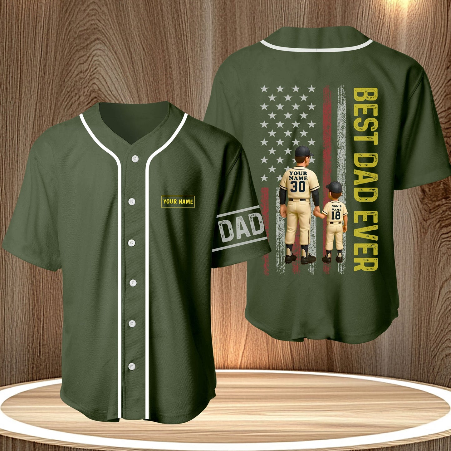 365Gifty personalized best dad ever shirt with baseball design and customizable names on olive green jersey