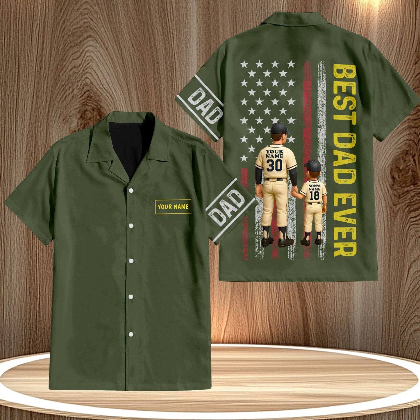 Personalized best dad ever shirt in green with baseball dad design and custom name option