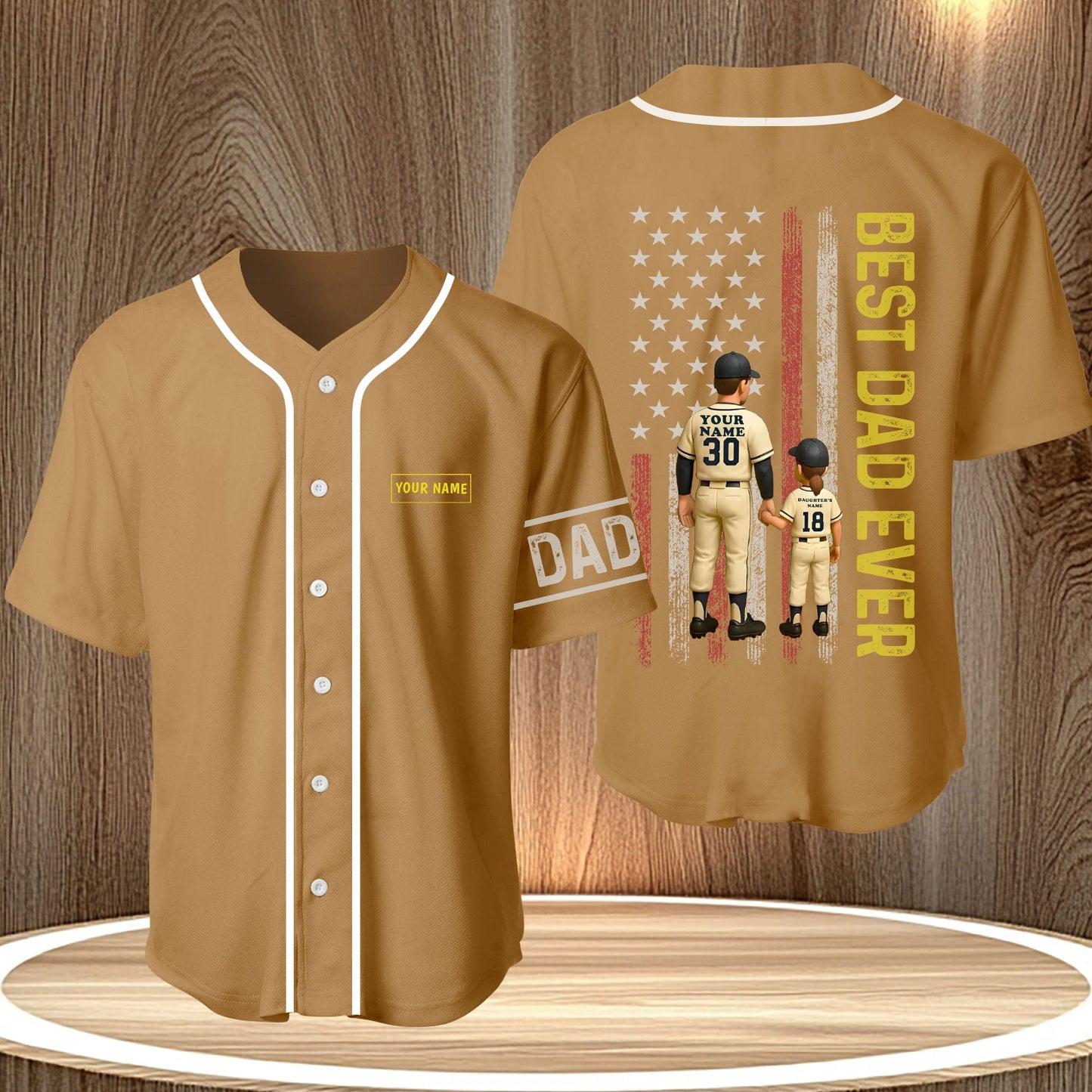 Personalized best dad ever shirt baseball style with custom names and vintage American flag design