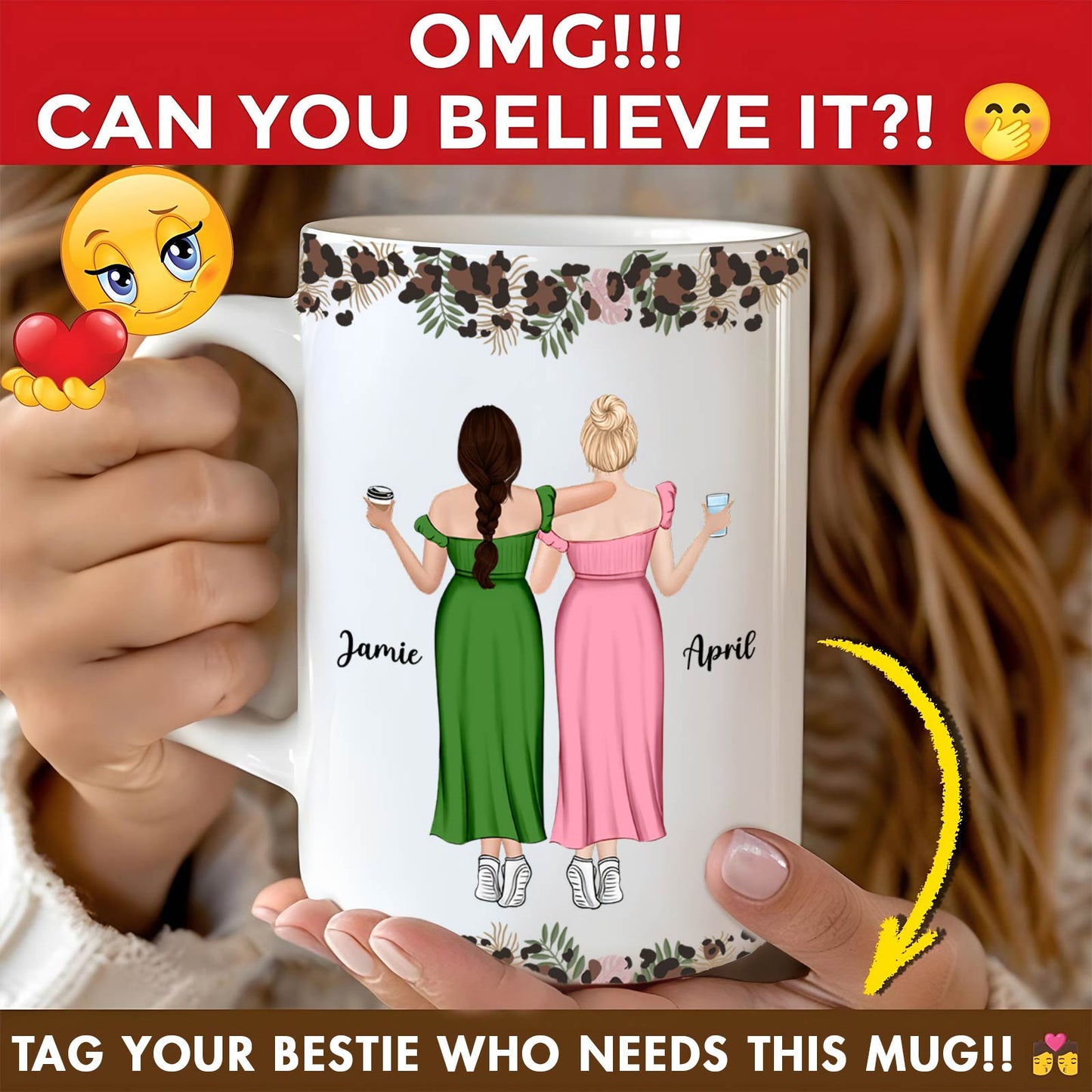 Personalized best friend mug featuring two friends with custom names and colorful dresses