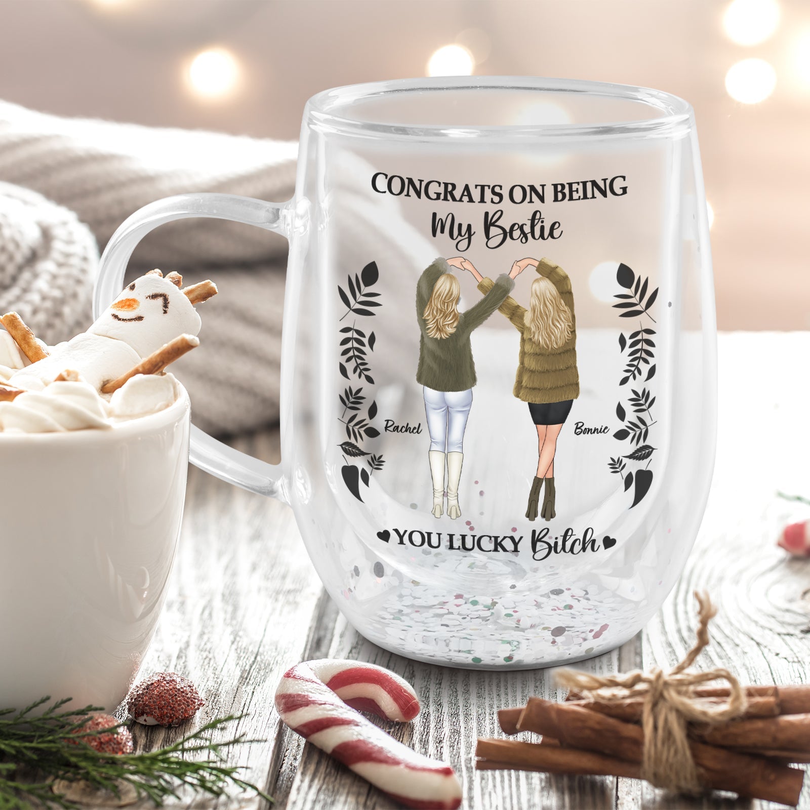 Personalized best friend mug featuring two friends celebrating their bond with a fun design
