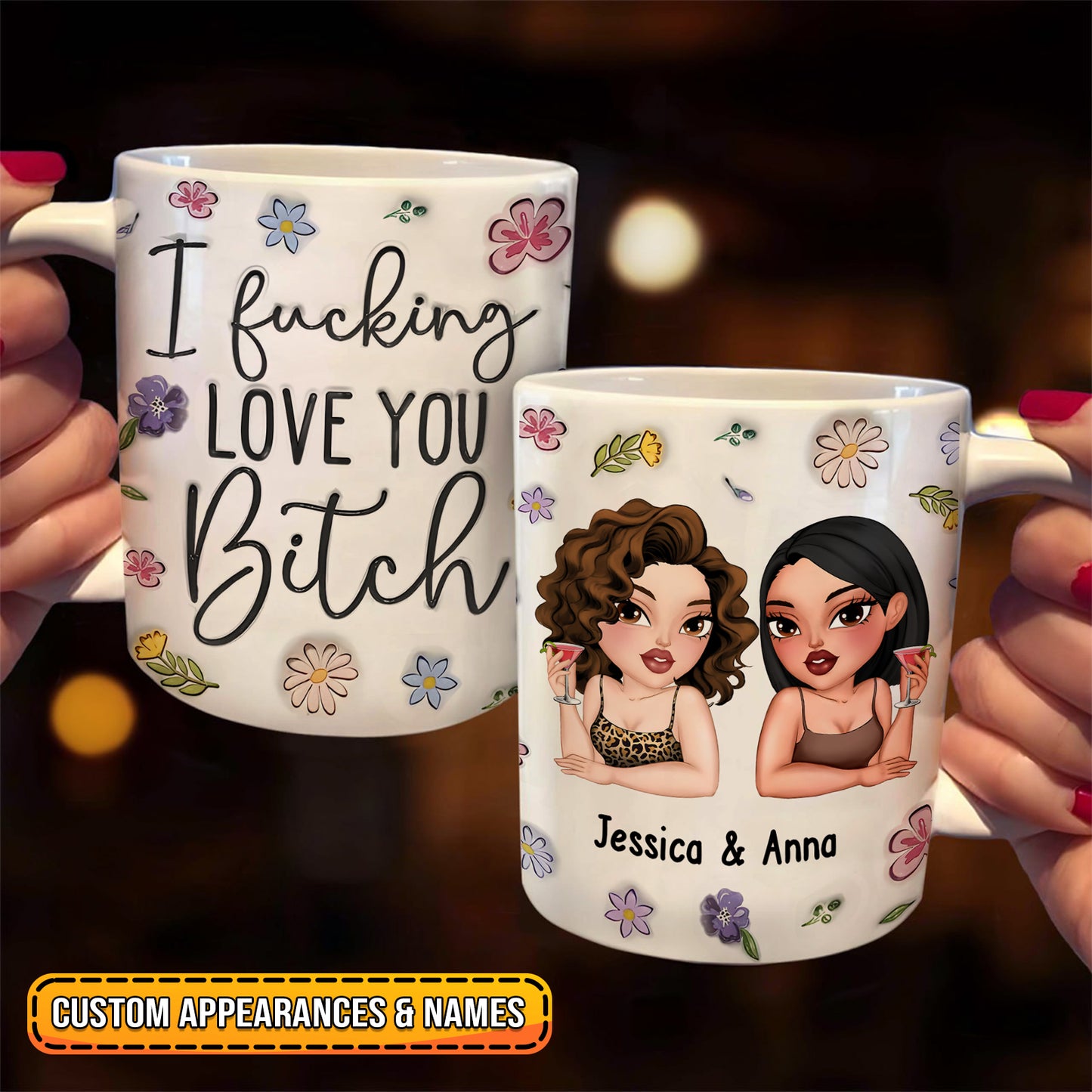 Personalized best friend mug featuring custom names and a fun design with floral accents