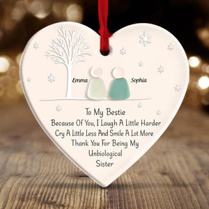 Personalized best friend ornament shaped like a heart with sentimental message for besties