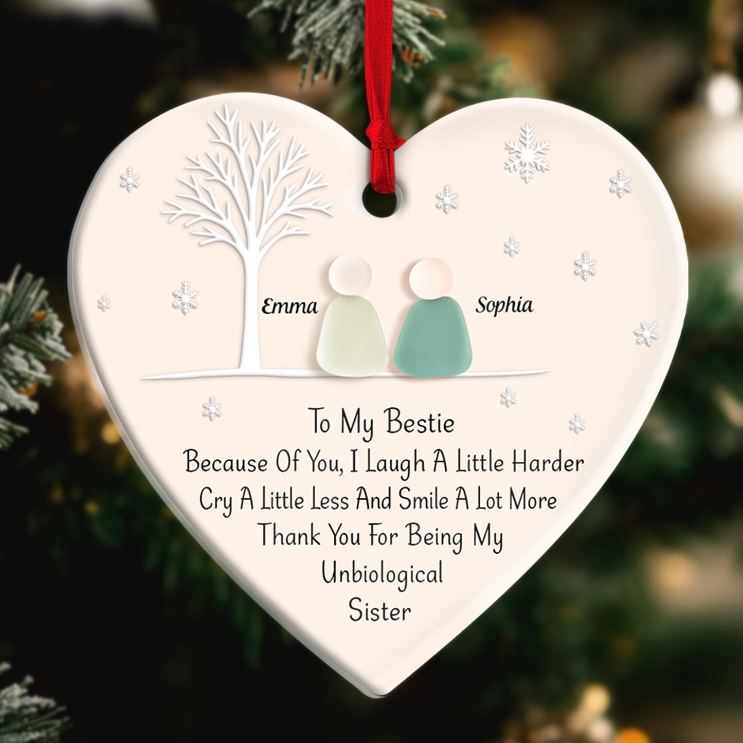 Personalized best friend ornament featuring names and heartfelt message for besties