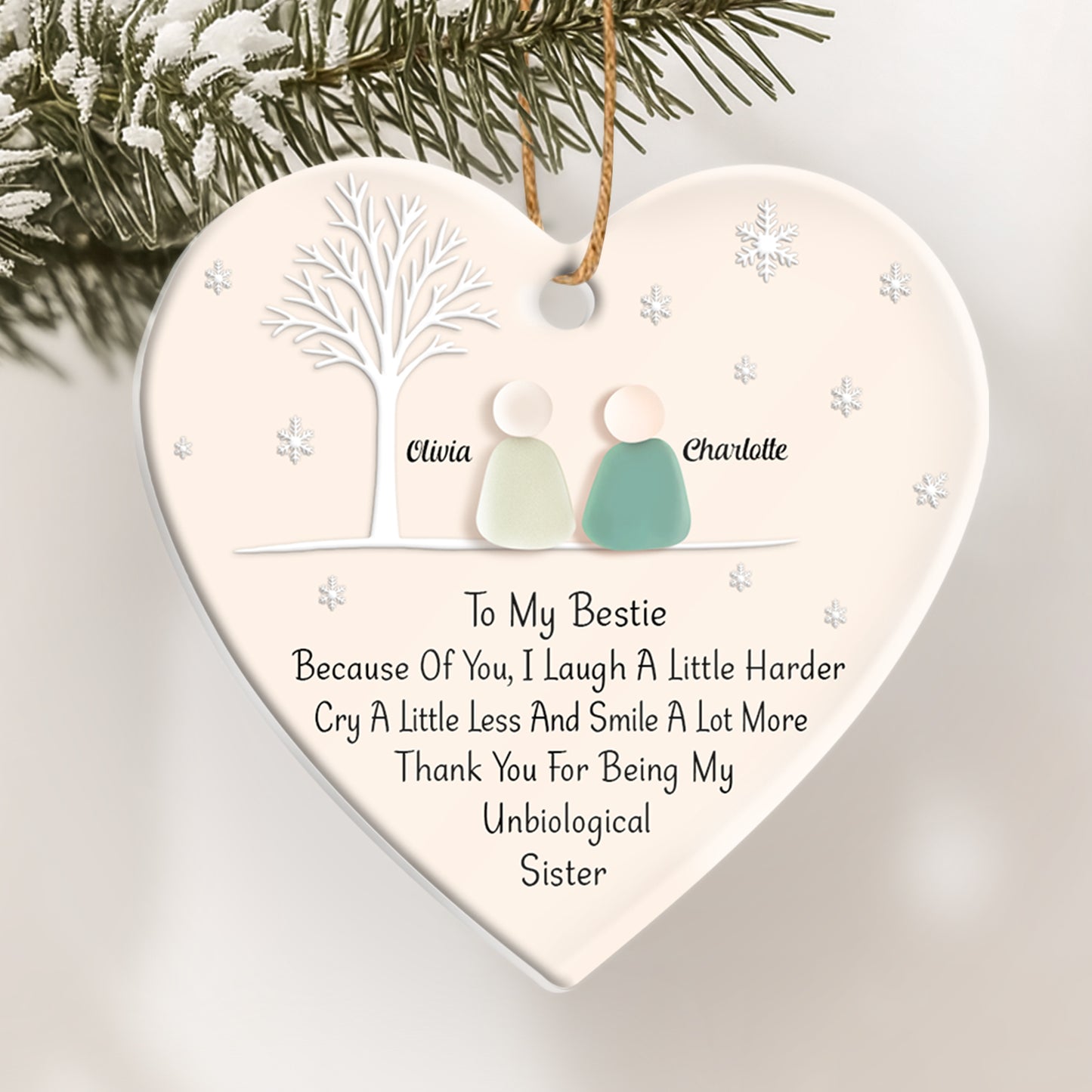 Personalized best friend ornament featuring two figures with a heartfelt message and winter theme