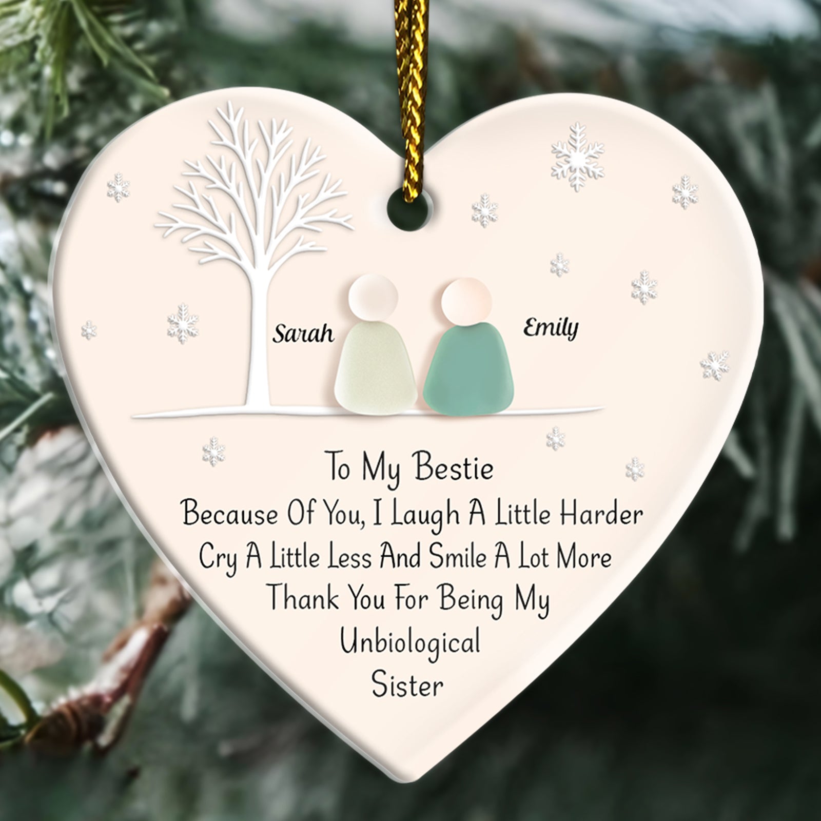 Personalized best friend ornament with heartfelt message and two character figures for your bestie