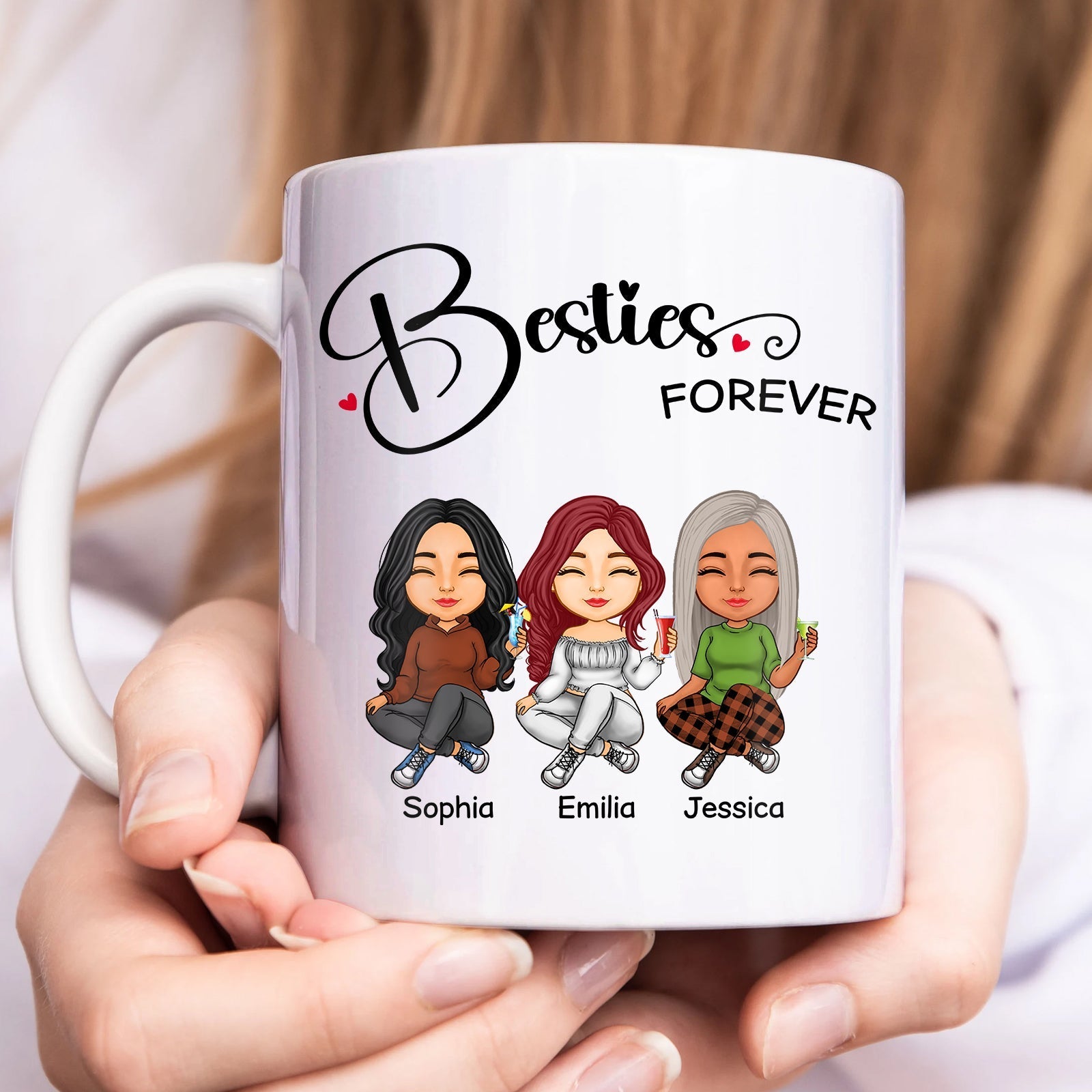 Personalized best friends mug featuring cartoon illustrations of three friends with names and 'Besties Forever' text