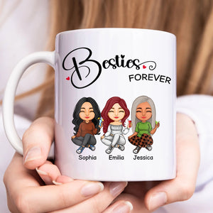 Personalized best friends mug featuring cartoon illustrations of three friends with names and 'Besties Forever' text