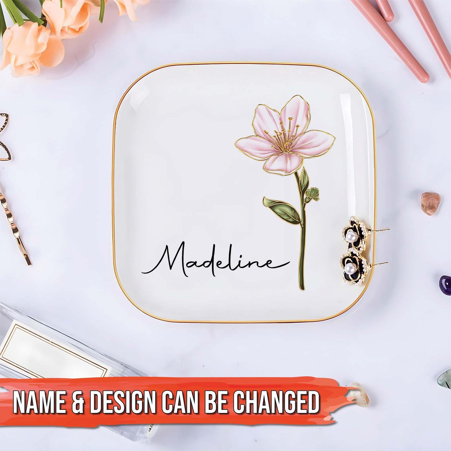 Personalized birth month flower jewelry dish with a lily design and customizable name