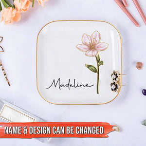 Personalized birth month flower jewelry dish with a lily design and customizable name