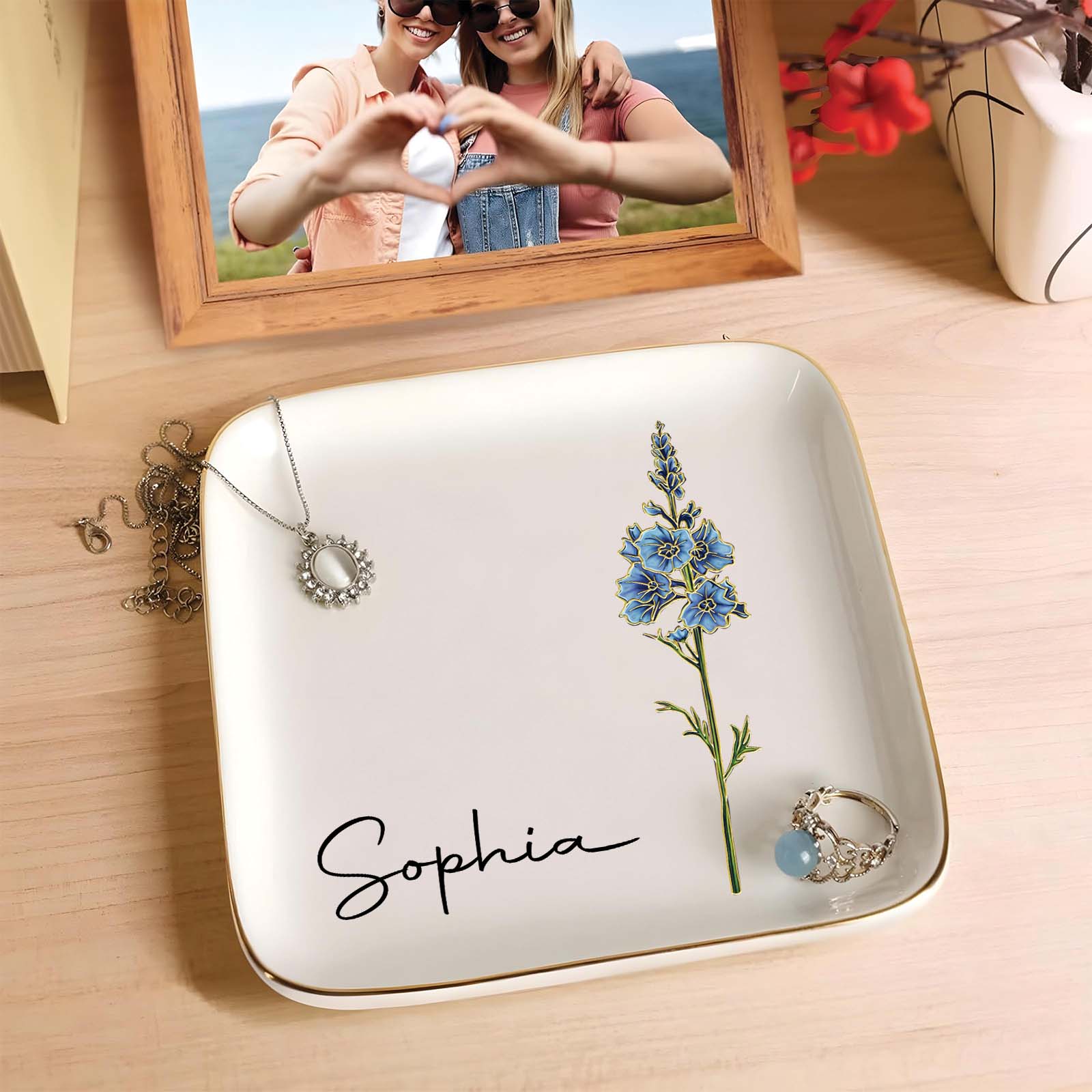 Personalized birth month flower jewelry dish featuring delicate floral design and custom name detail