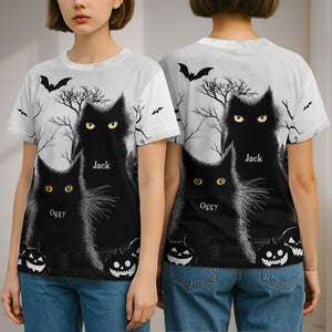 Personalized black cat Halloween shirt featuring cats named Jack and Oggy with spooky decorations