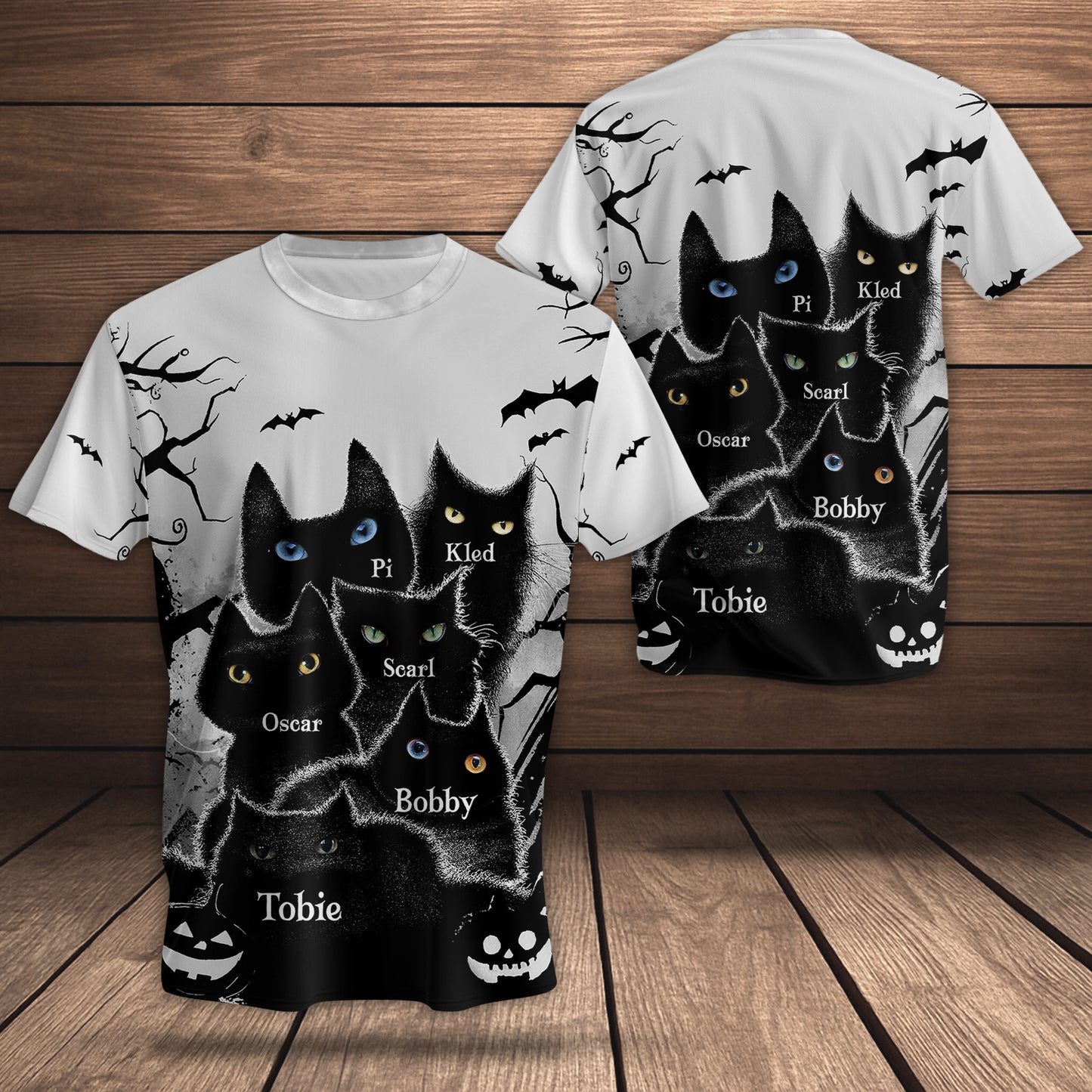 Personalized black cat Halloween shirt featuring multiple black cats and spooky designs
